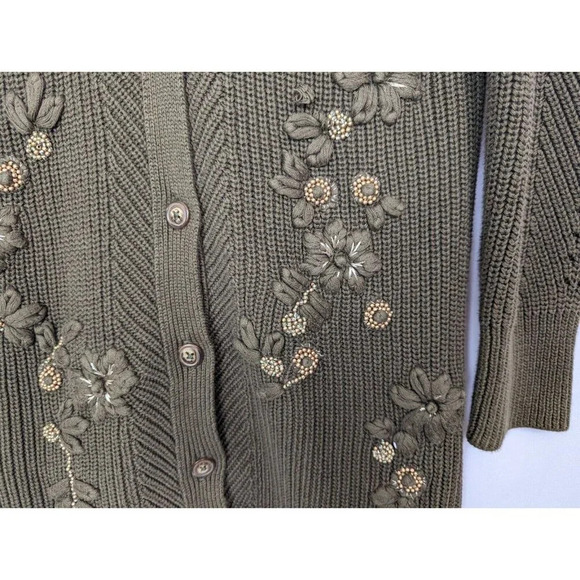 SOFT SURROUNDINGS M Green Embroidered Bead 3D Floral Cardigan Sweater Jacket - Picture 8 of 16